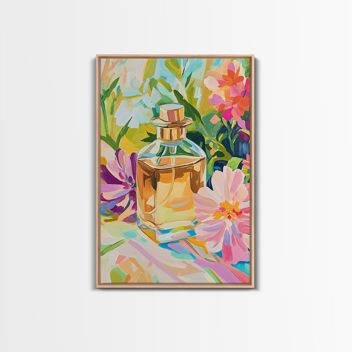 Golden Perfume Bottle With Pink Flowers Framed Canvas Print, Feminine Wall Art, Bathroom Decor, Floral Home Decor, Gift For Her