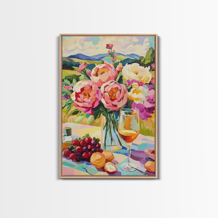 Pink Peony Bouquet With Wine And Grapes Canvas Print, French Country Kitchen Decor, Floral Wall Art, Housewarming Gift For Her