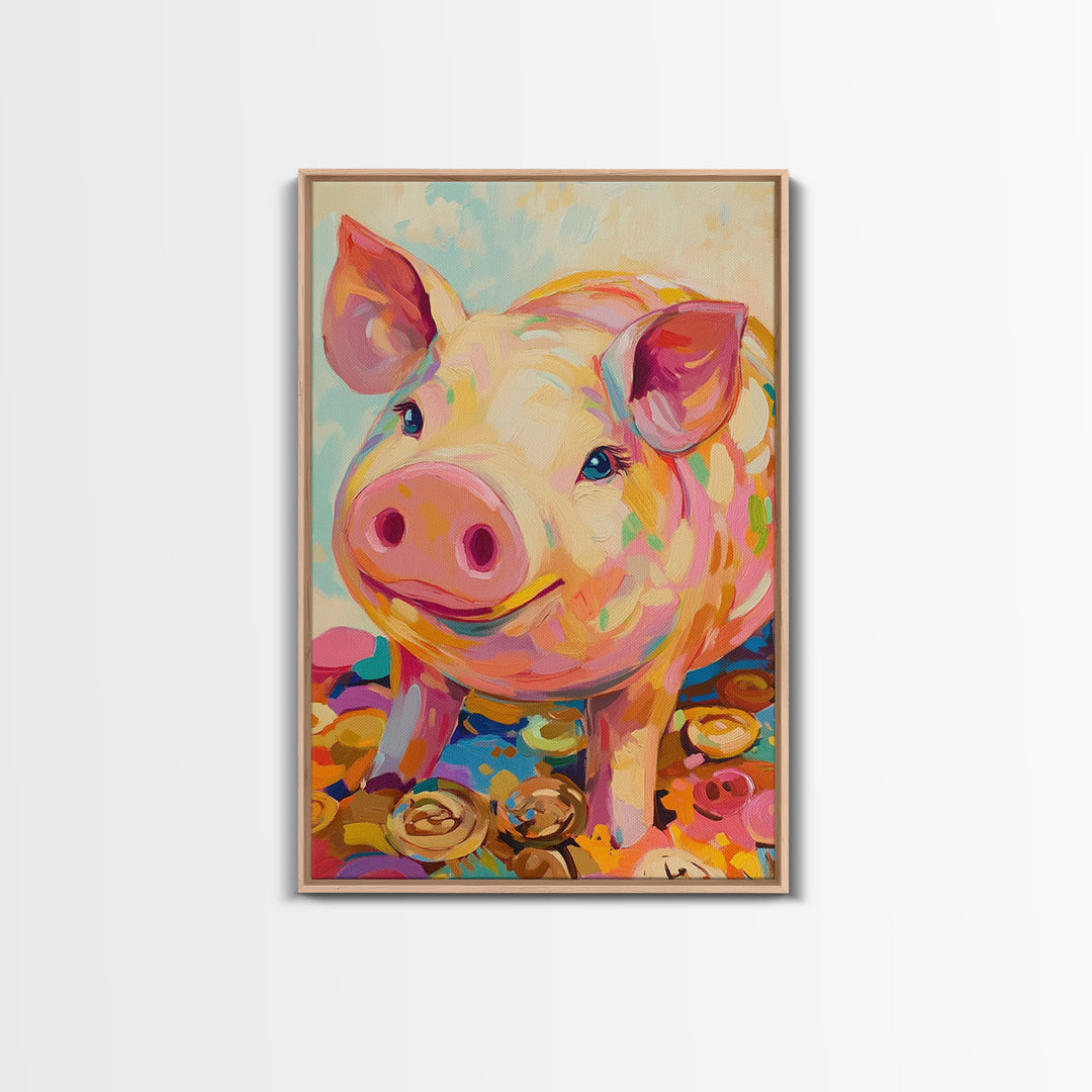 Smiling Pink Pig With Golden Coins Canvas Print, Cute Farm Animal Wall Art, Playful Nursery Decor, Whimsical Gift For Kids