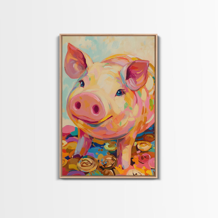 Smiling Pink Pig With Golden Coins Canvas Print, Cute Farm Animal Wall Art, Playful Nursery Decor, Whimsical Gift For Kids