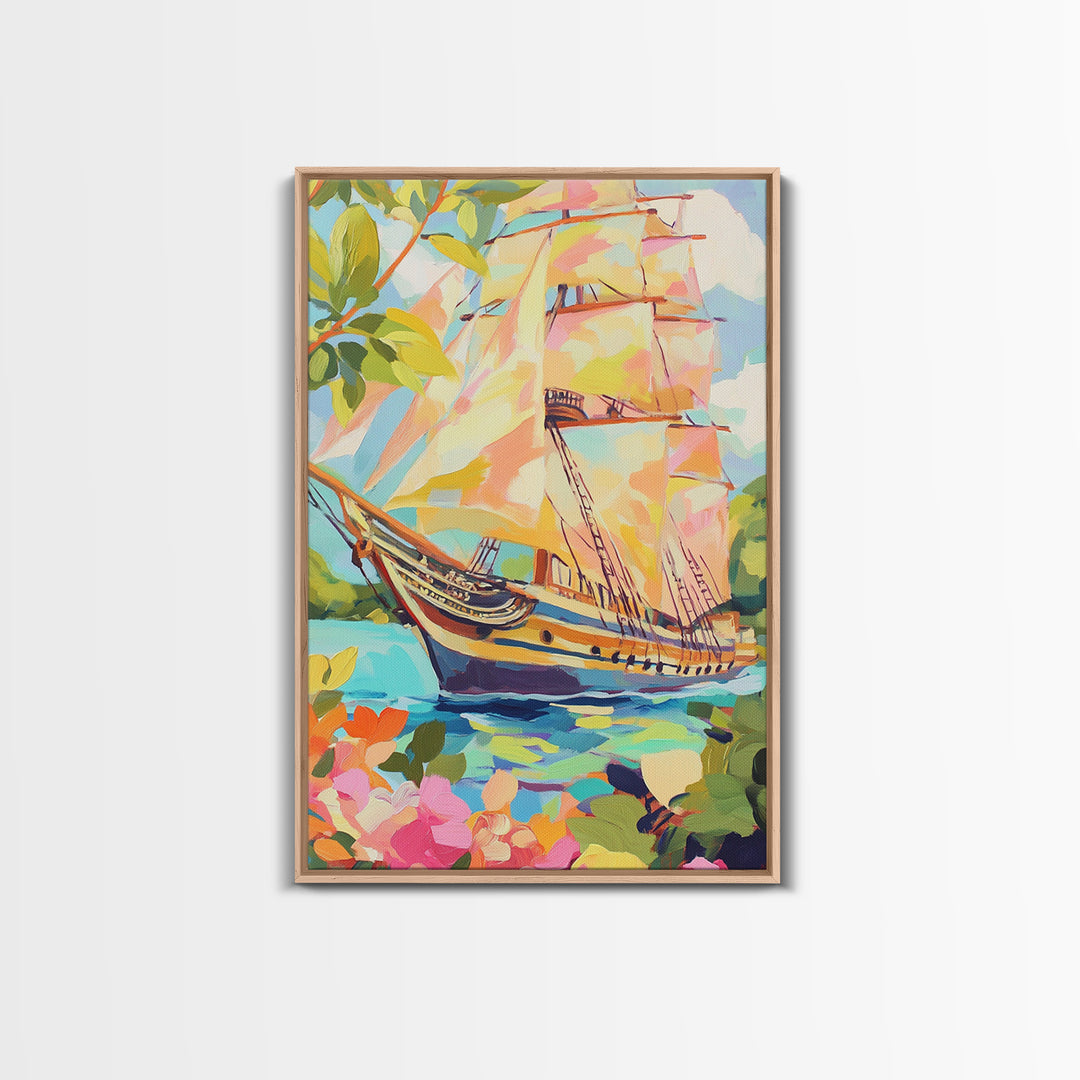 Tall Ship In Blooming Harbor Canvas Print, Nautical Sailboat Painting, Coastal Wall Art, Beach House Decor Gift For Her Home