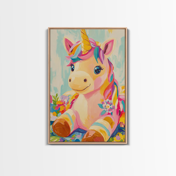 Cute Unicorn With Rainbow Mane Canvas Print, Whimsical Nursery Wall Art, Kids Room Decor, Baby Girl Nursery, Gift For Her