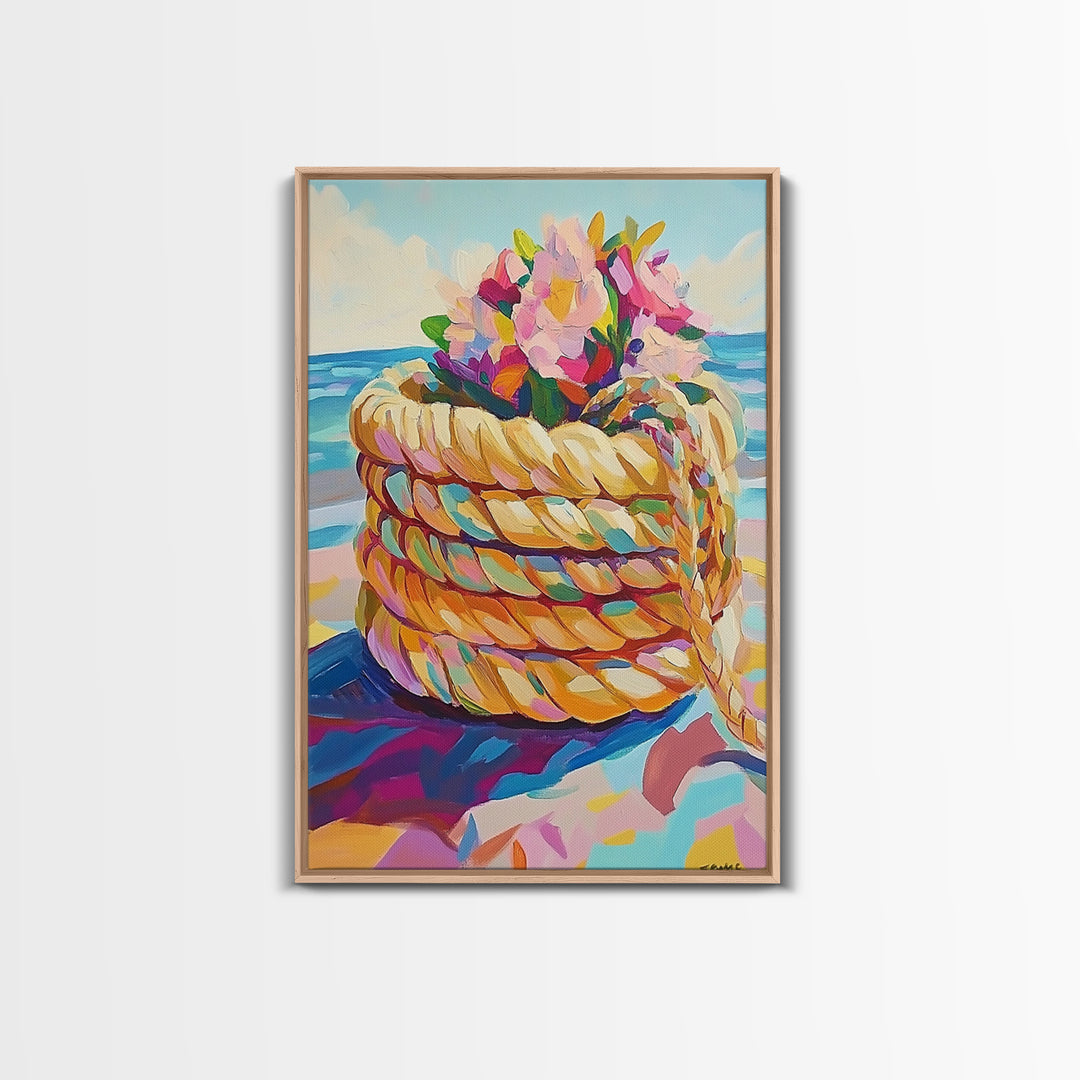 Rope Basket With Pink Beach Flowers Canvas Print, Coastal Wall Art, Beach House Decor, Tropical Ocean Living Room Decor Print