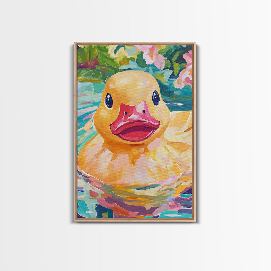 Smiling Yellow Duck In Garden Pond Wall Art, Whimsical Animal Art, Cute Bathroom Decor, Nursery Wall Art Print, Gift For Her