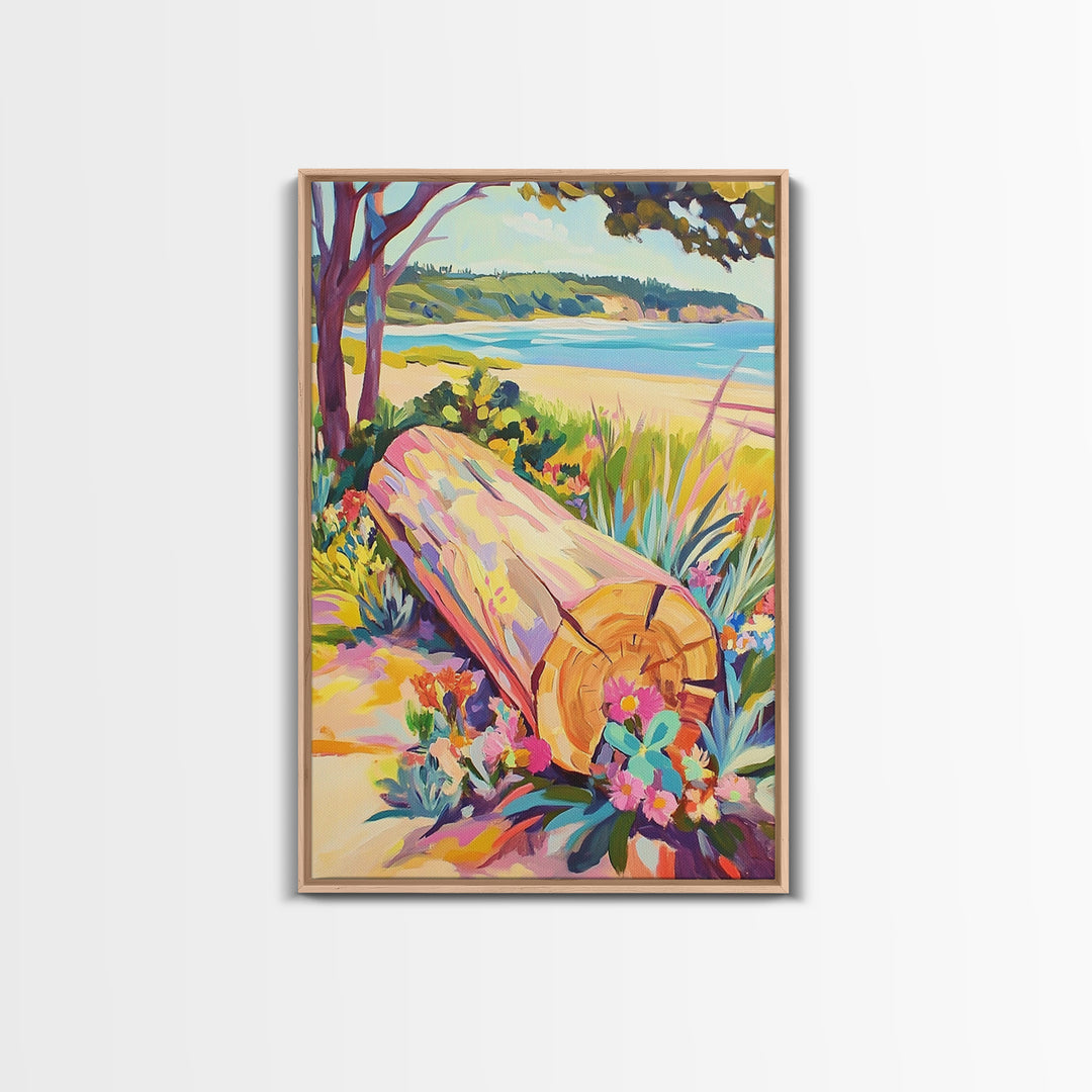 Sunlit Driftwood Log On Beach Wall Art, Coastal Landscape Canvas Print, Ocean Wall Decor, Beach House Art, Nature Wall Art