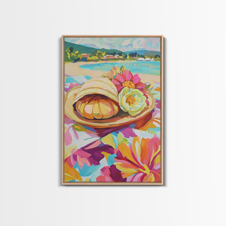 Scallop Shell And Pink Flowers By Turquoise Bay Canvas Print, Coastal Wall Art, Beach House Decor, Summer Kitchen Art, Gift For Her