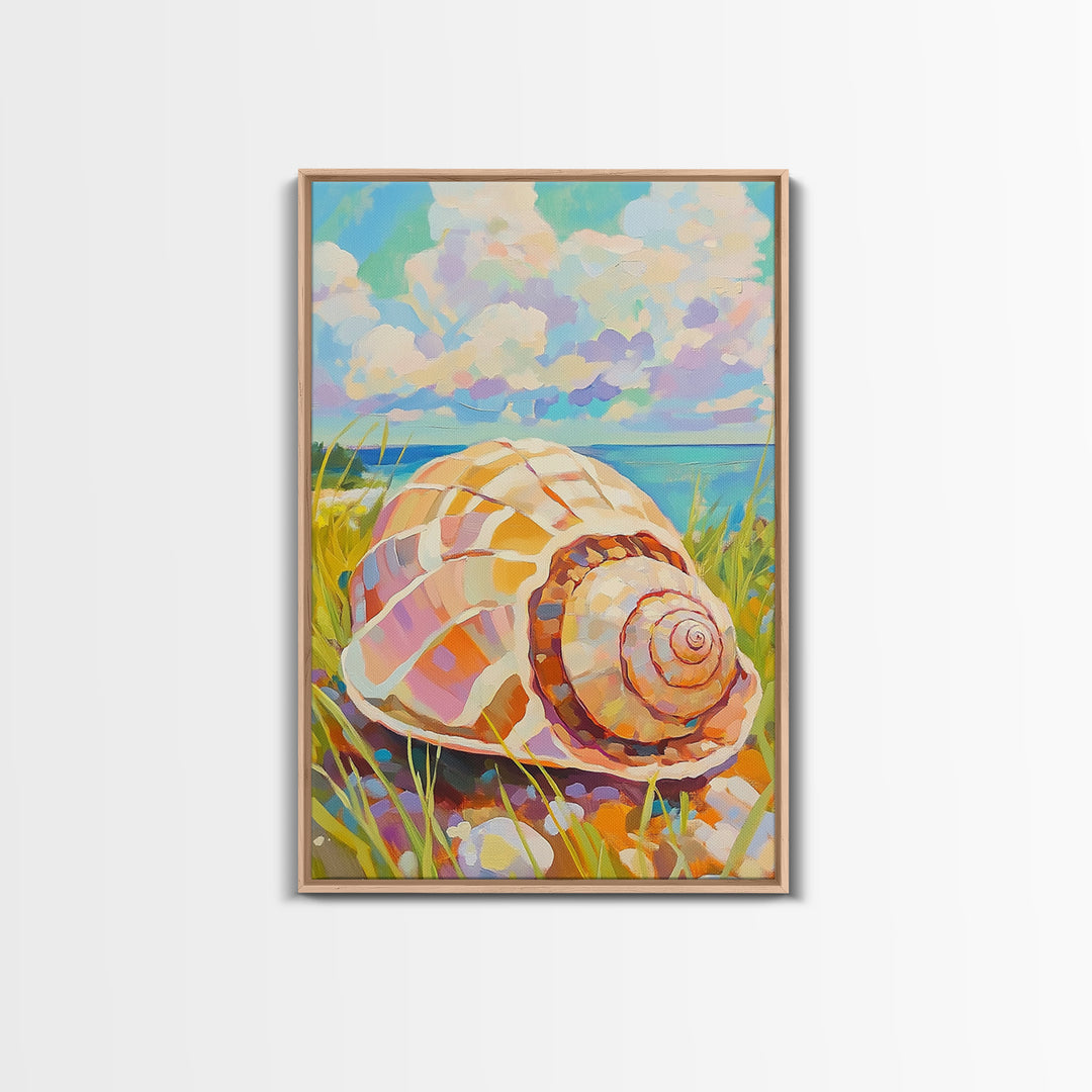 Pastel Conch Shell In Dune Grass Canvas Print, Coastal Wall Art, Beach House Decor, Ocean Wall Art, Summer Home Decor, Gift For Her