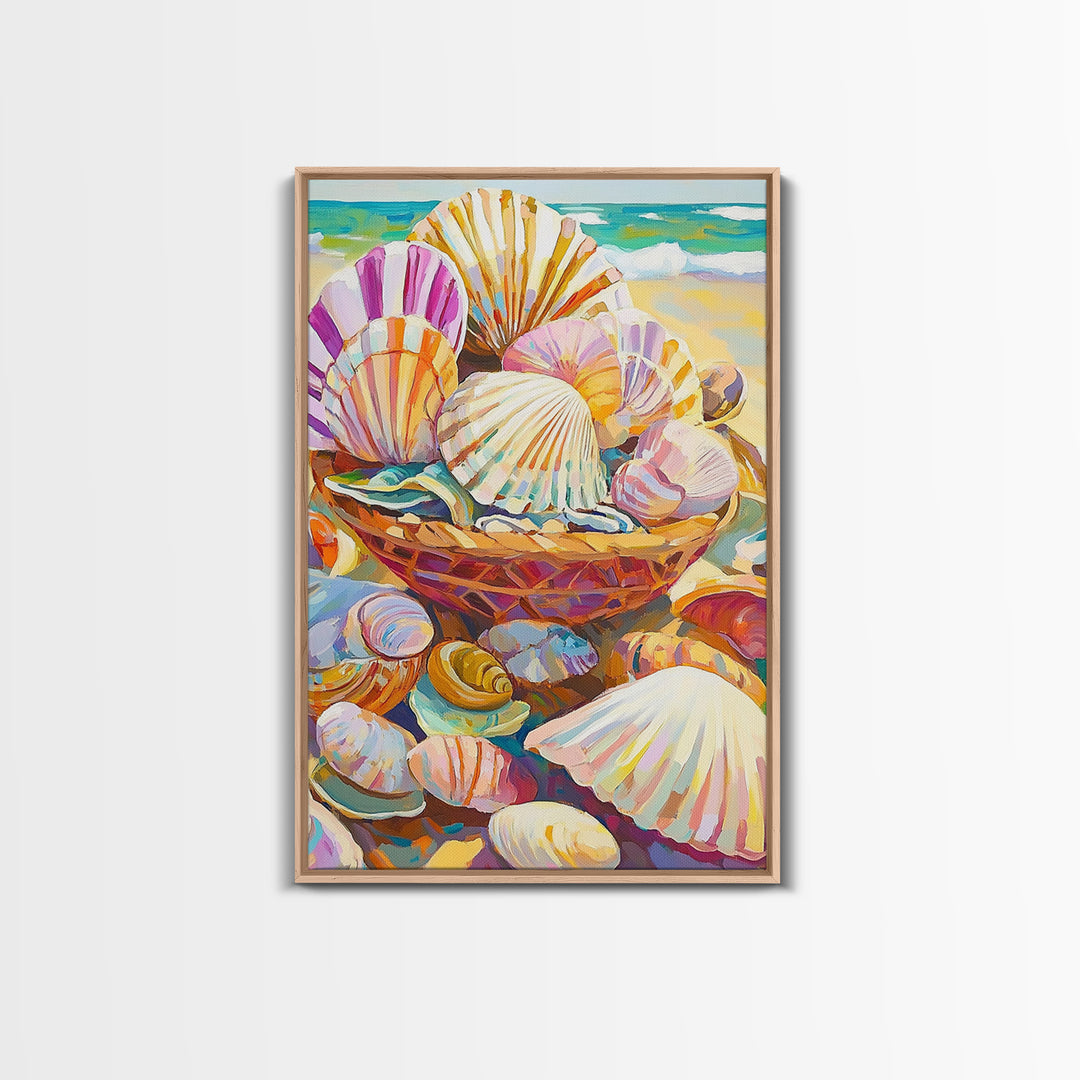 Basket Of Pastel Seashells On Beach Wall Art, Coastal Wall Decor, Beach House Decor, Ocean Art Print, Nautical Home Decor