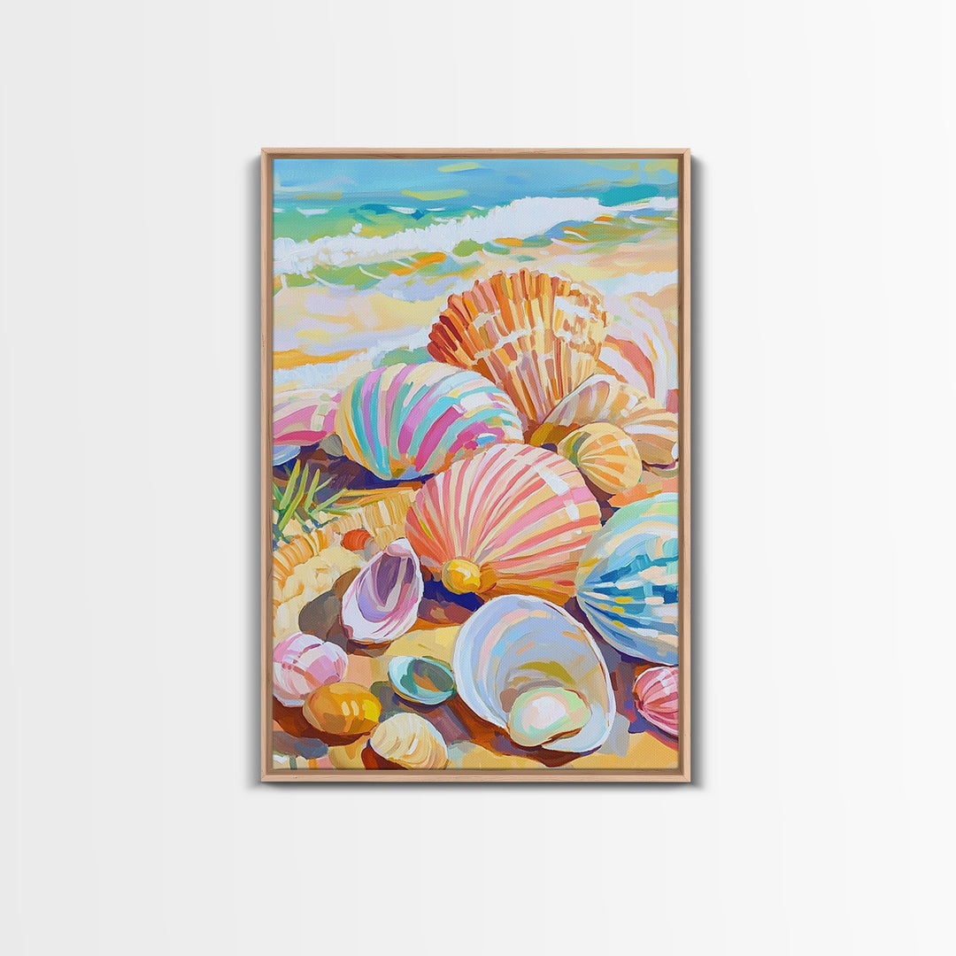 Pastel Seashells Scattered On Sunny Beach Framed Canvas Print, Coastal Wall Art, Ocean Wall Decor, Beach House Gift For Her