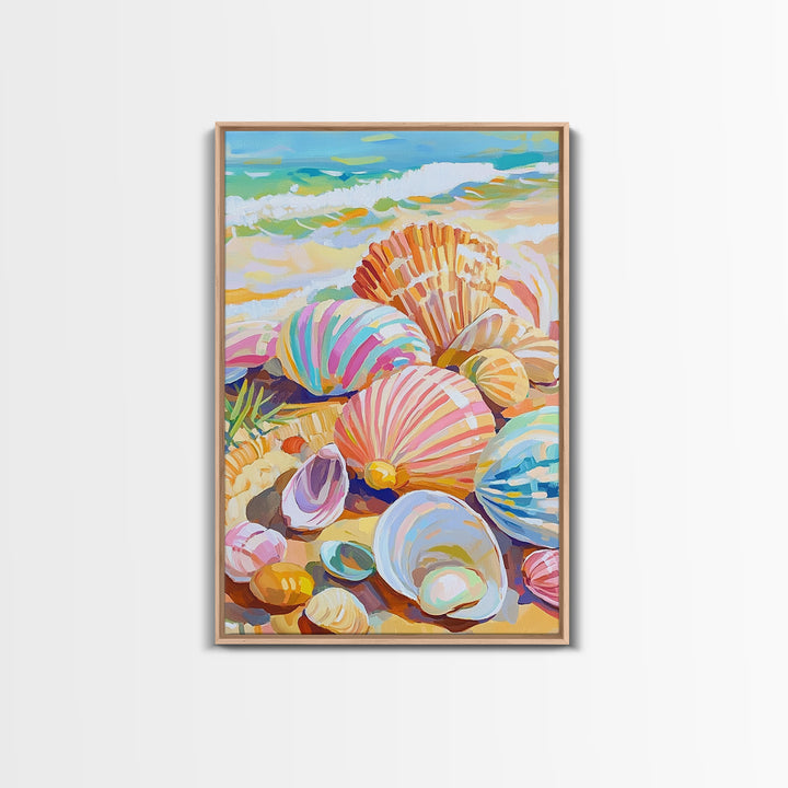Pastel Seashells Scattered On Sunny Beach Framed Canvas Print, Coastal Wall Art, Ocean Wall Decor, Beach House Gift For Her