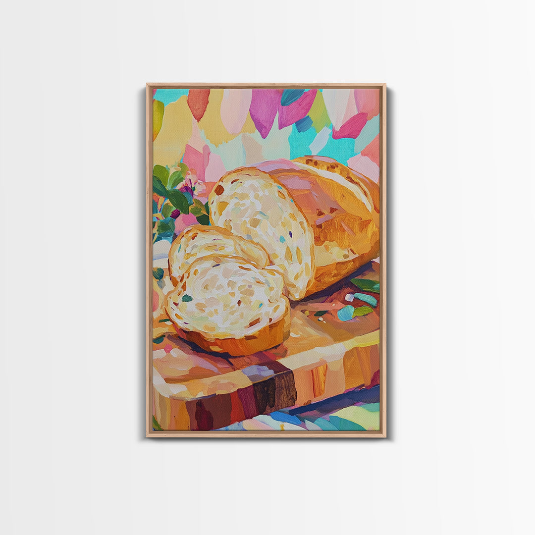 Sliced Artisan Bread On Wooden Board Canvas Print, Kitchen Wall Art, Food Illustration, Rustic Kitchen Decor, Gift For Baker