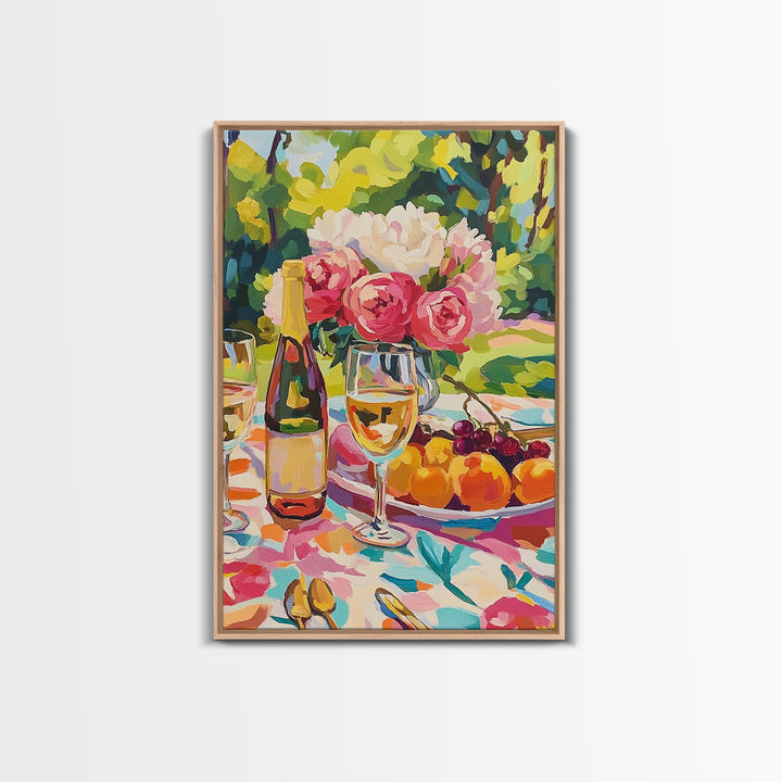Garden Wine Still Life With Cherries Framed Canvas Print, Dining Room Wall Art, Floral Kitchen Decor, Wine Lover Gift, Hostess Gift