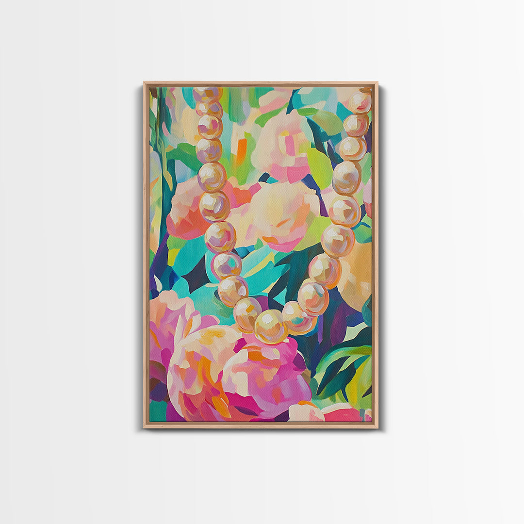 Pearl Necklace On Lush Floral Background Framed Canvas Print, Feminine Wall Art, Coquette Room Decor, Gift For Her, Romantic Bedroom Art