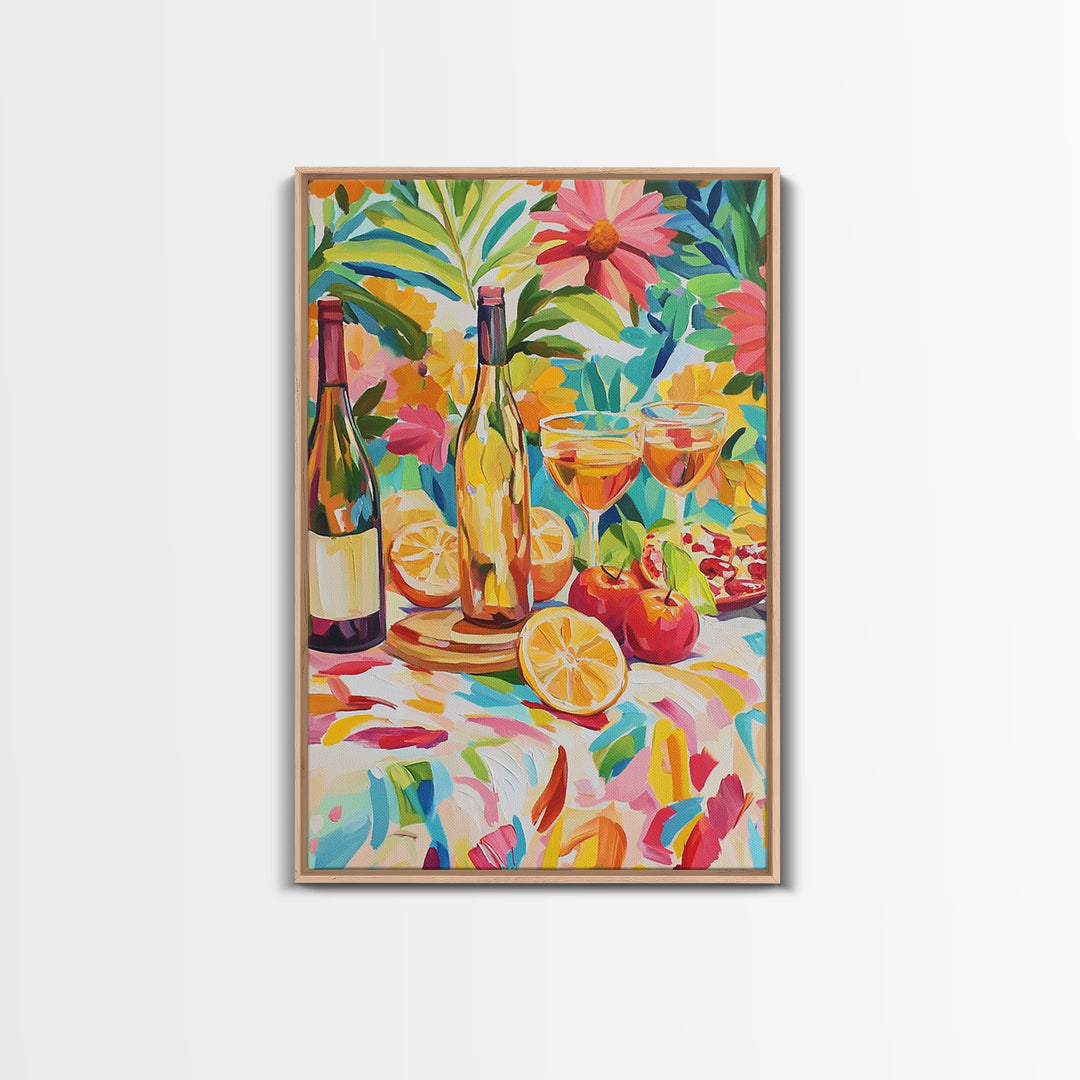 Garden Wine Bottles With Citrus Canvas Print, Colorful Kitchen Wall Art, Dining Room Decor, Wine Lover Housewarming Gift