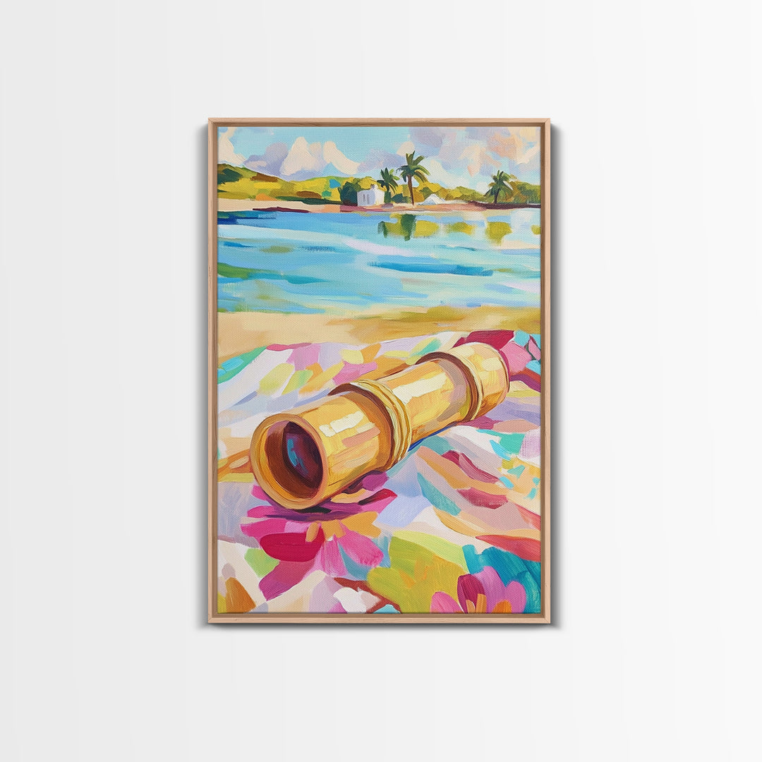 Brass Telescope On Tropical Beach Towel Wall Art, Colorful Coastal Canvas, Summer Travel Decor, Beach House Living Room Print