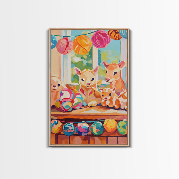 Pastel Nursery Farm Animal Toys Framed Canvas Print, Whimsical Animal Wall Art, Kids Room Decor, Baby Shower Gift, Nursery Decor
