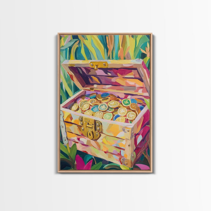 Jungle Treasure Chest Canvas Print, Gold Coin Adventure Wall Art, Tropical Home Decor, Safari Nursery Decor, Unique Gift