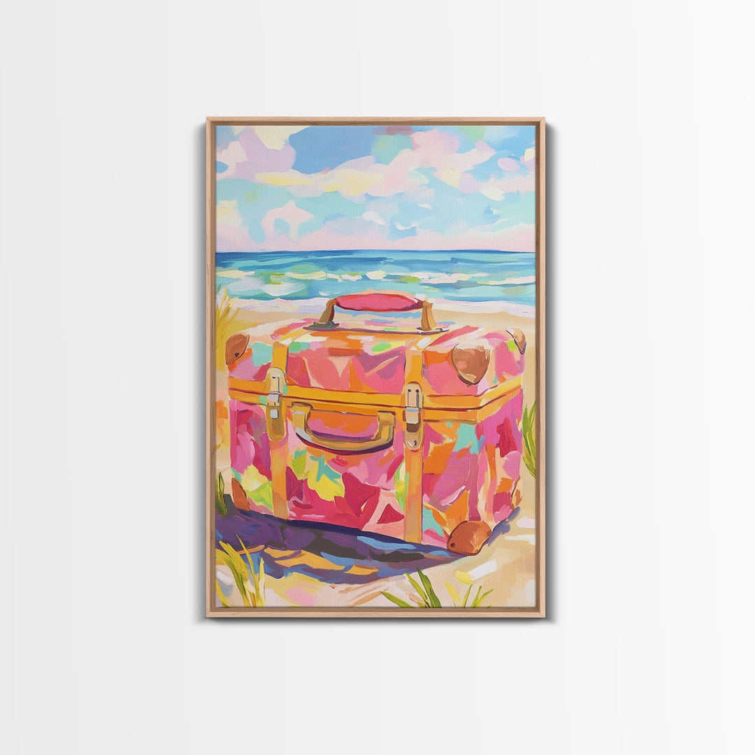 Floral Suitcase On Sunny Beach Canvas Print, Coastal Wall Art, Beach House Decor, Travel Poster, Summer Gift For Her, Ocean Wall Decor