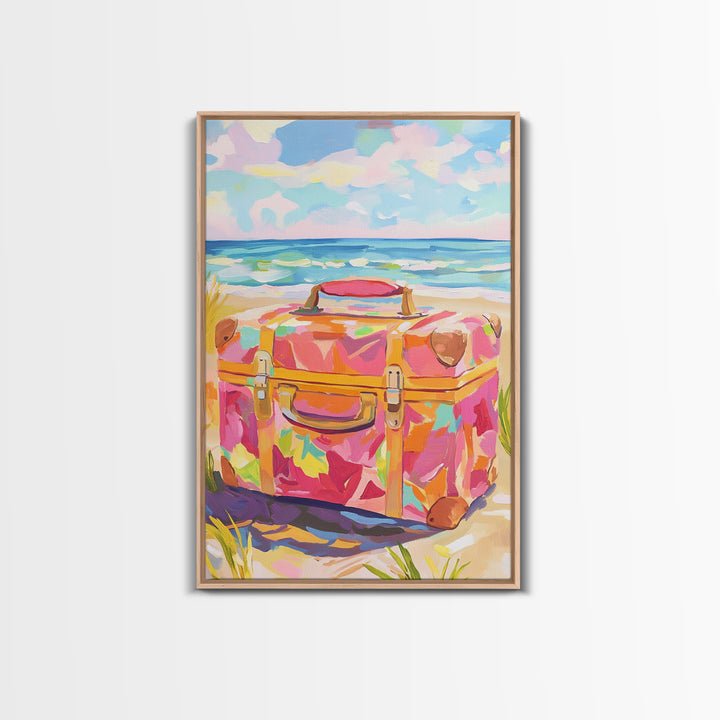Floral Suitcase On Sunny Beach Canvas Print, Coastal Wall Art, Beach House Decor, Travel Poster, Summer Gift For Her, Ocean Wall Decor