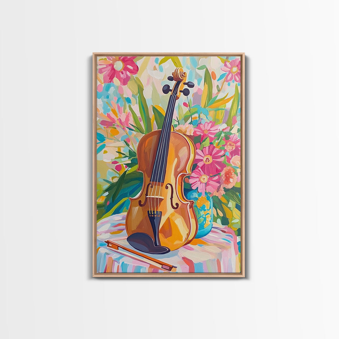 Violin With Pink Garden Flowers Framed Canvas Print, Music Wall Art, Floral Wall Decor, Gift For Music Lover, Fine Art Print