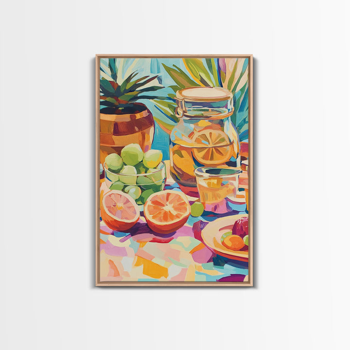 Sunlit Citrus Jar With Limes And Grapefruit Canvas Print, Colorful Kitchen Wall Art, Tropical Home Decor, Food Art Print