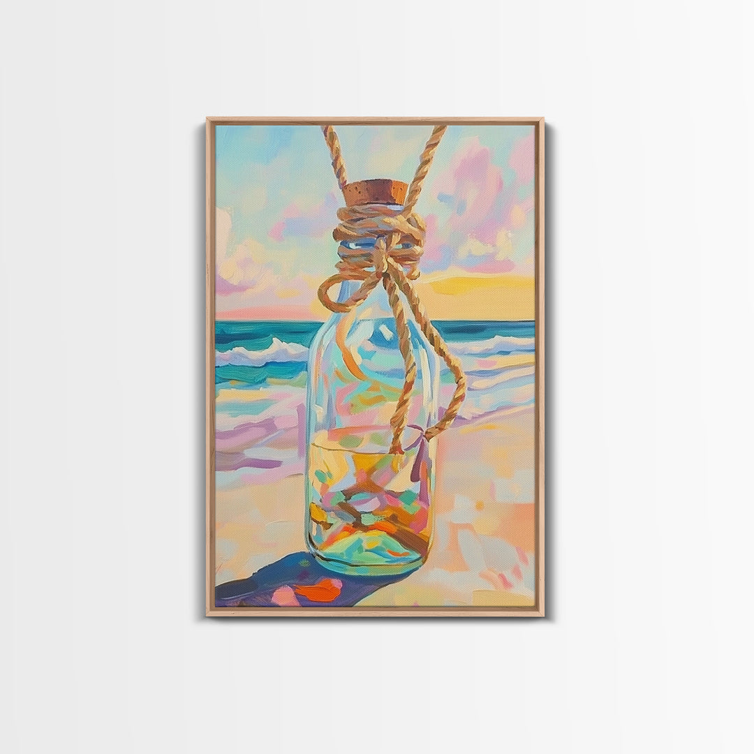 Glass Message Bottle Tied With Rope Canvas Print, Coastal Wall Art, Beach House Decor, Ocean Sunset Print, Nautical Gift