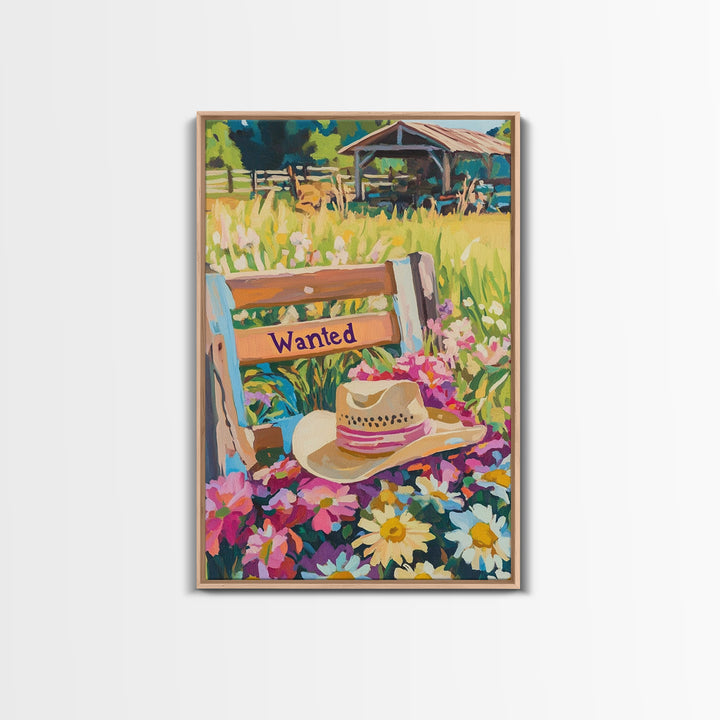 Cowboy Hat Wanted Bench Wall Art, Western Wildflower Farm Decor, Rustic Ranch Canvas Print, Country Housewarming Gift, Wall Decor