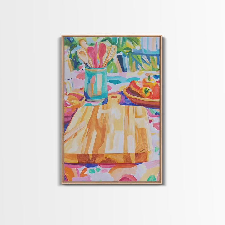 Sunlit Cutting Board Kitchen Wall Art, Colorful Tomato Still Life Canvas Print, Farmhouse Kitchen Decor, Food Lover Gift