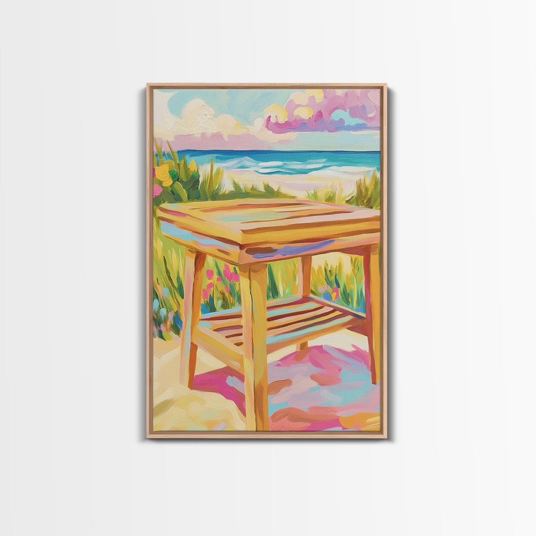 Sunny Beachside Wooden Table Canvas Print, Coastal Wall Art, Ocean Landscape Decor, Beach House Decor, Housewarming Gift
