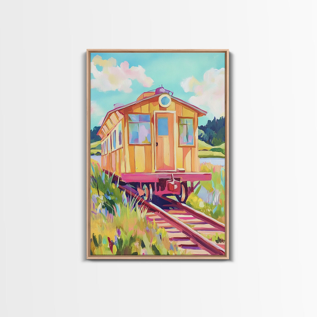 Yellow Railcar On Meadow Tracks Wall Art, Whimsical Travel Poster, Colorful Landscape Canvas Print, Eclectic Home Decor Gift
