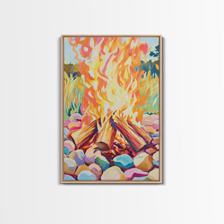 Vibrant Campfire With Painted River Stones Canvas Print, Cozy Wall Art, Cabin Decor, Rustic Outdoor Home Decor Gift For Him