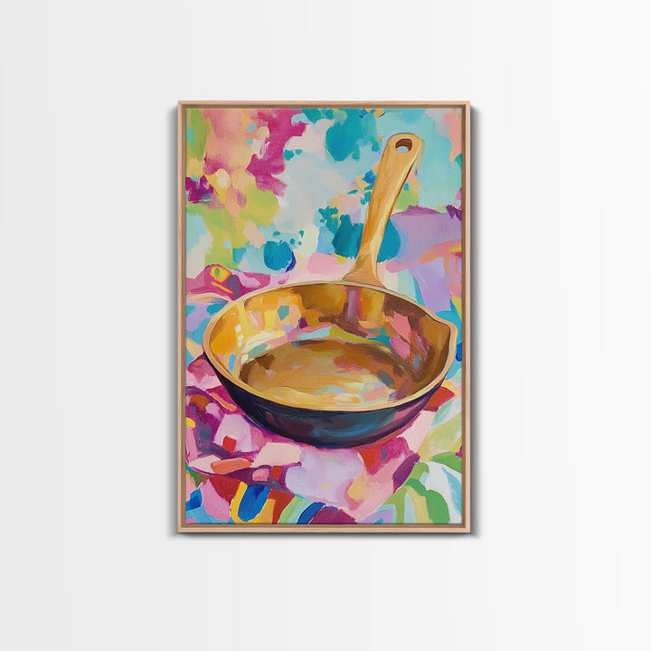 Golden Skillet Pan On Bright Cloth Canvas Print, Colorful Kitchen Wall Art, Foodie Home Decor, Housewarming Gift, Art Print