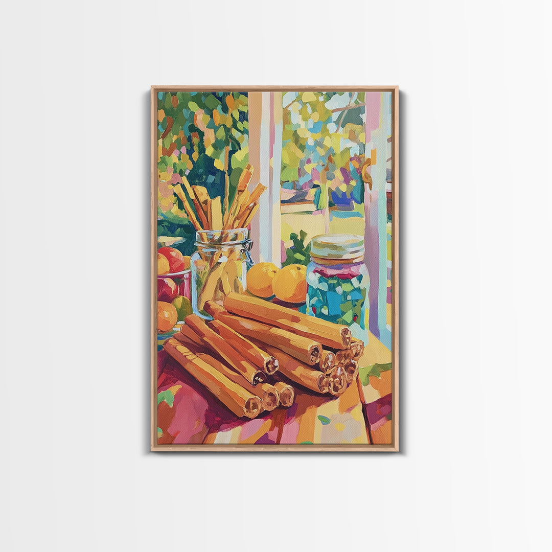 Cinnamon Sticks By Sunny Window Canvas Print, Colorful Kitchen Wall Art, Rustic Farmhouse Decor, Cozy Foodie Housewarming Gift