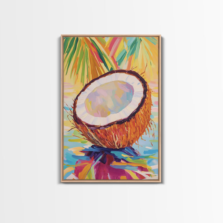 Tropical Coconut Half With Palm Leaves Canvas Print, Coastal Wall Art, Beach House Decor, Colorful Kitchen Art, Summer Gift