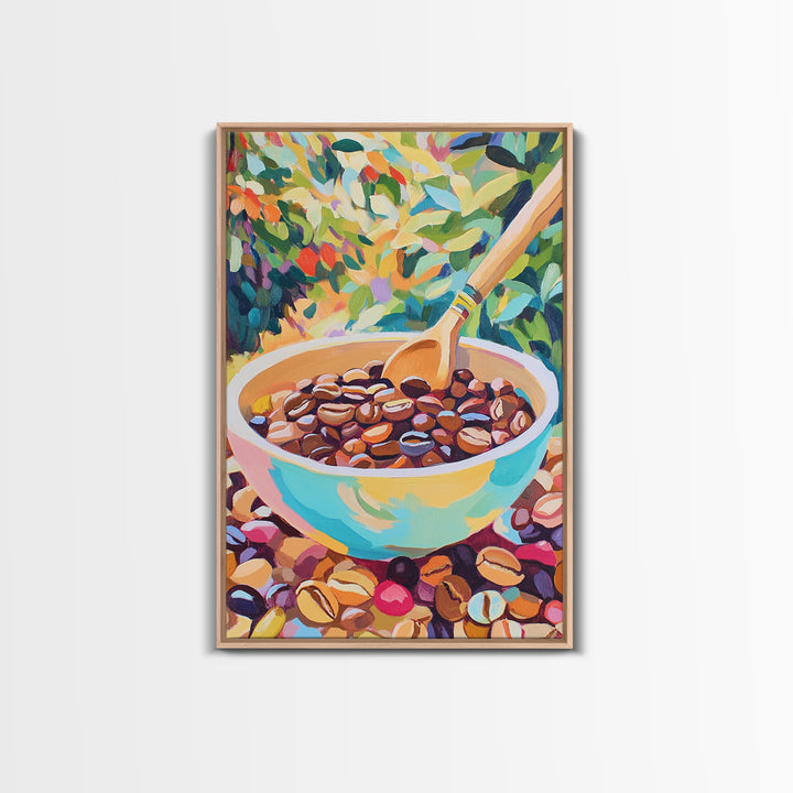 Vibrant Coffee Beans In Ceramic Bowl Canvas Print, Kitchen Wall Art, Coffee Bar Decor, Cafe Poster, Foodie Housewarming Gift