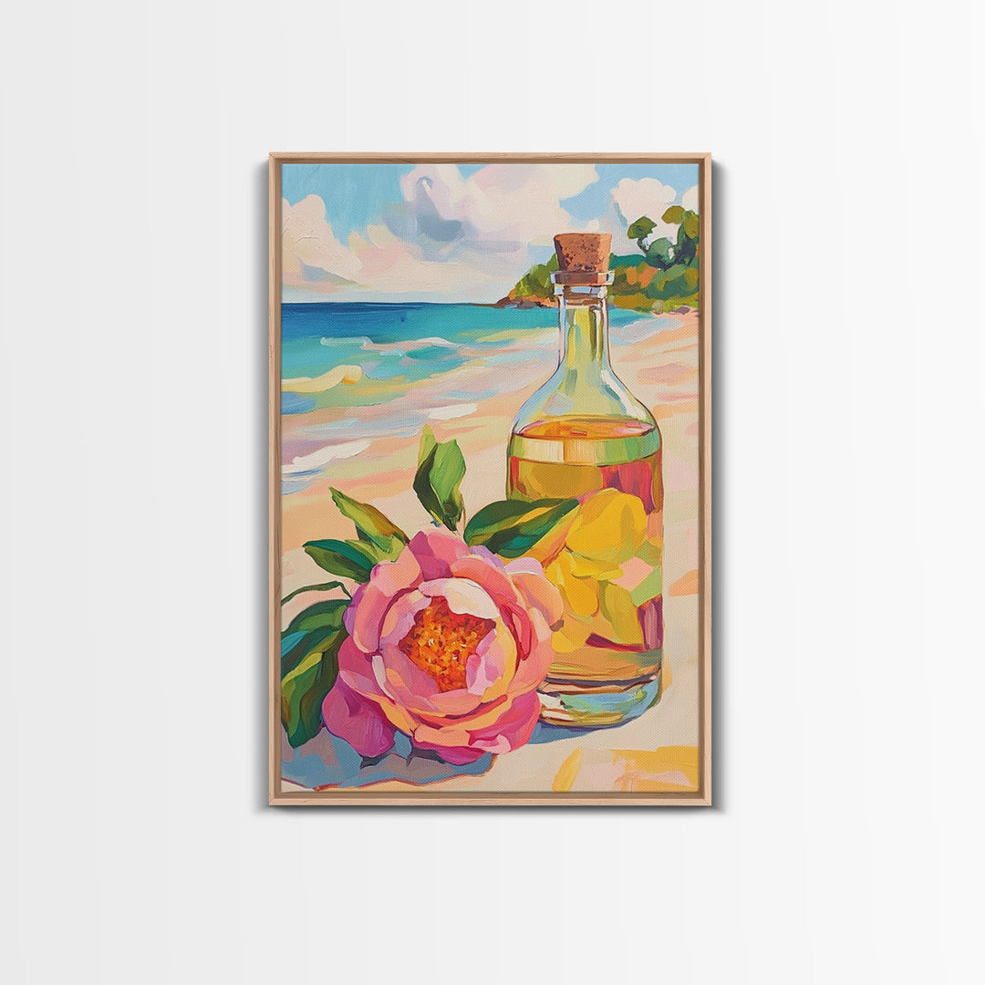Beach Flower And Glass Bottle Canvas Print, Coastal Wall Art, Tropical Home Decor, Ocean Wall Decor, Summer Kitchen Art Print