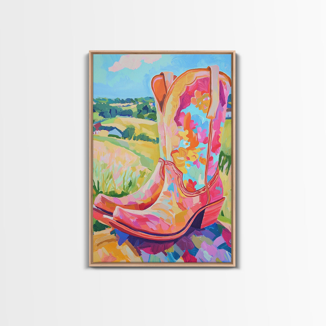 Pink Floral Cowboy Boots Canvas Print, Western Wall Art, Cowgirl Decor, Country Landscape Art Print, Bright Gift For Her
