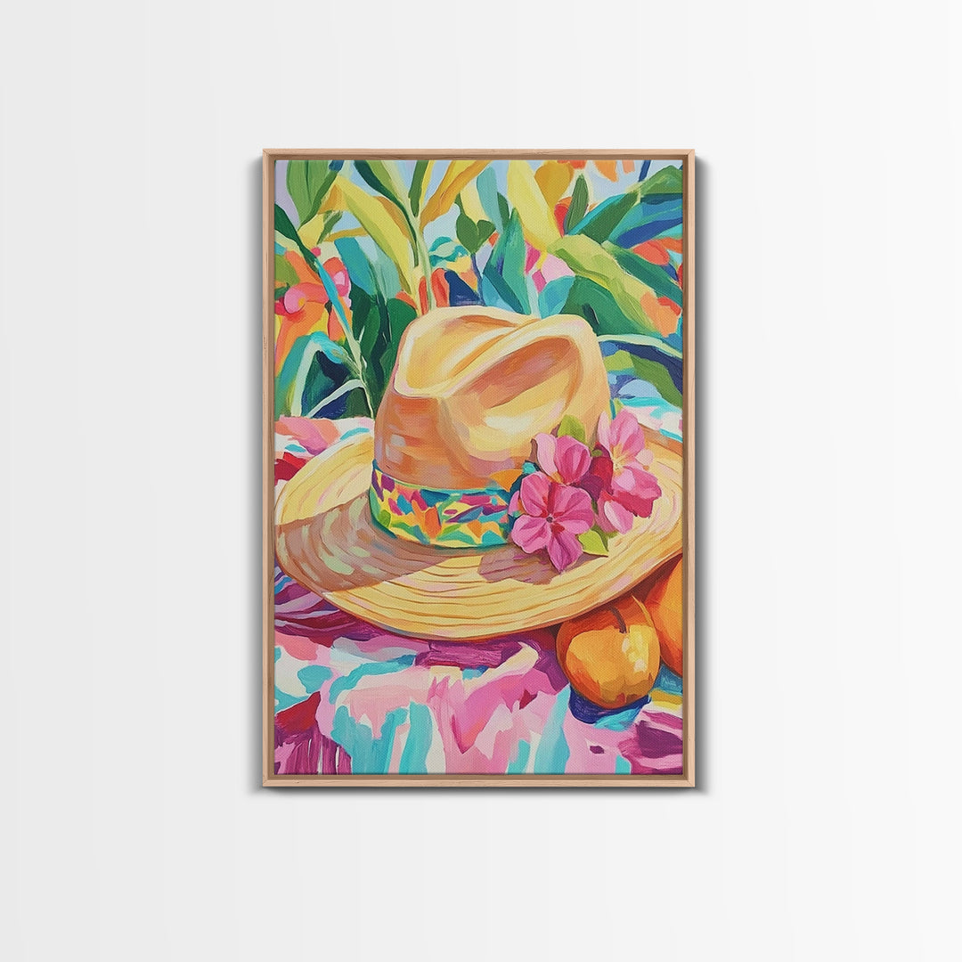 Straw Sun Hat With Pink Flowers Canvas Print, Tropical Wall Art, Coastal Cowgirl Decor, Summer Home Decor Art Gift For Her
