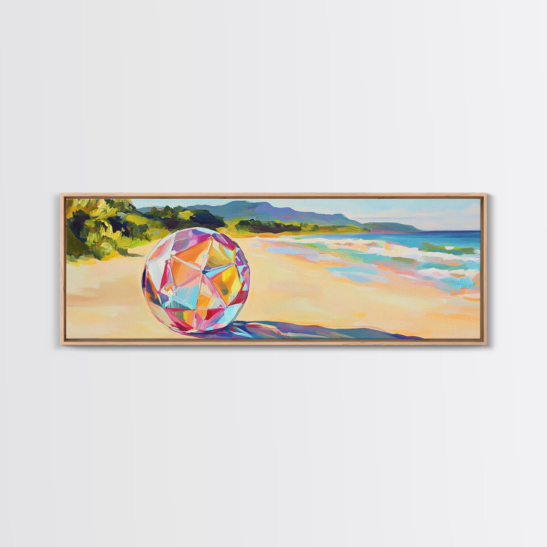 Prismatic Beach Ball On Tropical Shore Canvas Print, Coastal Wall Art, Beach House Decor, Ocean Wall Decor, Summer Vibes