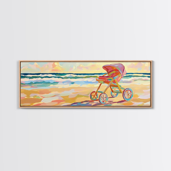 Pink Baby Stroller On Sunny Beach Wall Art, Coastal Nursery Decor, Ocean Canvas Print, Baby Shower Gift For Girl, Beach House Decor