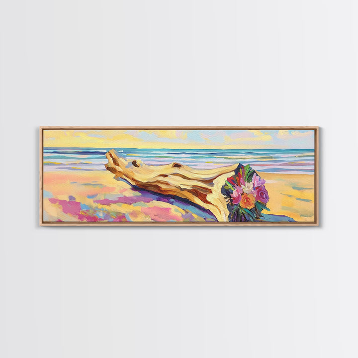 Driftwood Bouquet On Sandy Beach Wall Art, Coastal Canvas Print, Ocean Landscape Decor, Beach House Living Room Wall Decor Gift For Her