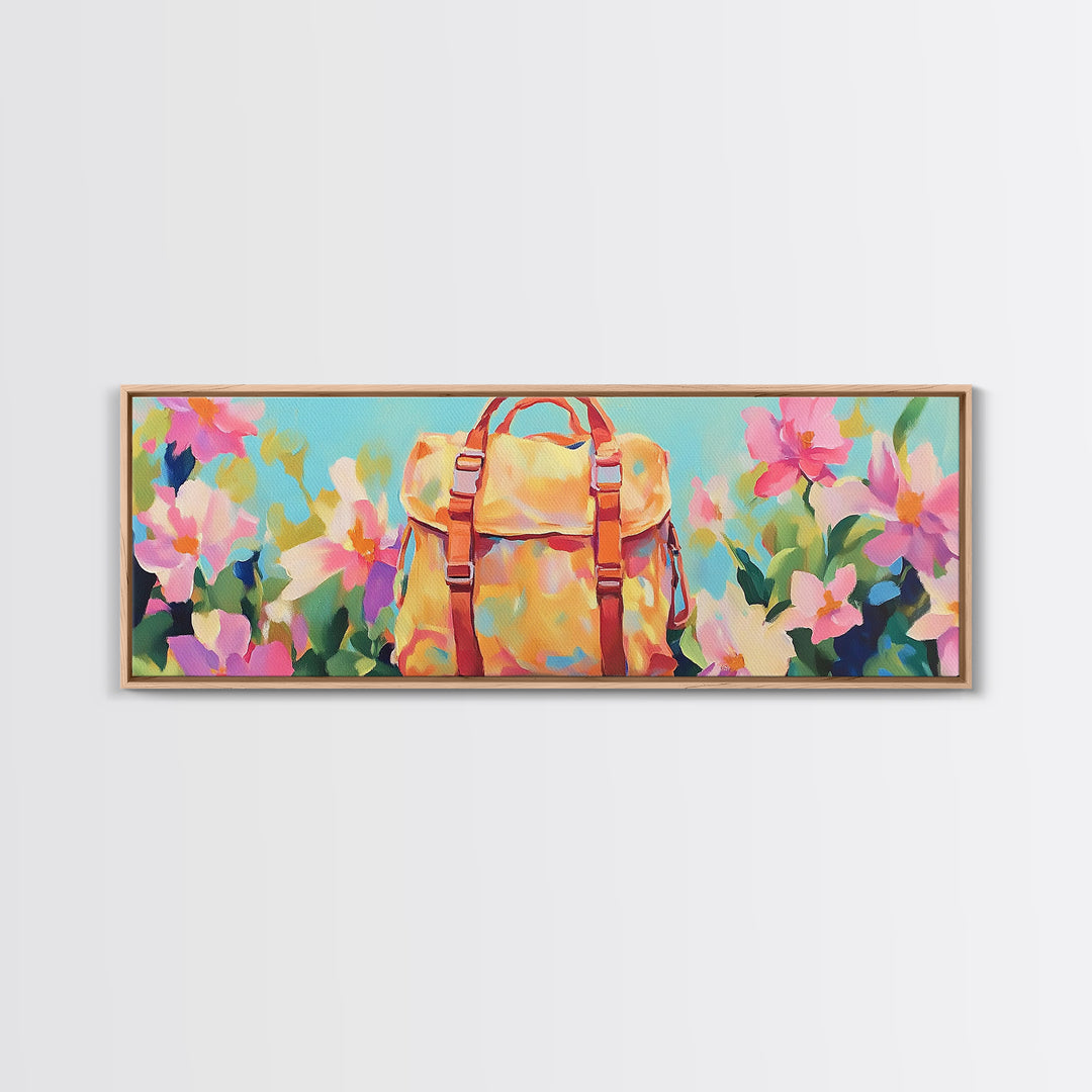 Sunlit Yellow Backpack In Blooming Garden Wall Art, Whimsical Canvas Print For Travel Decor Girls Room Decor And Gift For Her