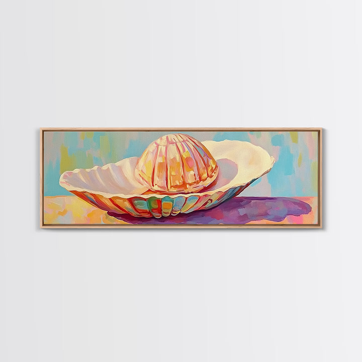 Pastel Seashells On Painted Plate Canvas Print, Coastal Wall Art, Beach House Decor, Ocean Art Print, Bathroom Wall Decor