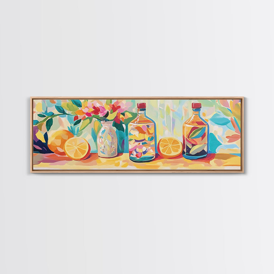 Lemon Bottles And Pink Flowers Framed Canvas Print, Kitchen Wall Art, Colorful Still Life, Modern Dining Room Decor, Housewarming Gift