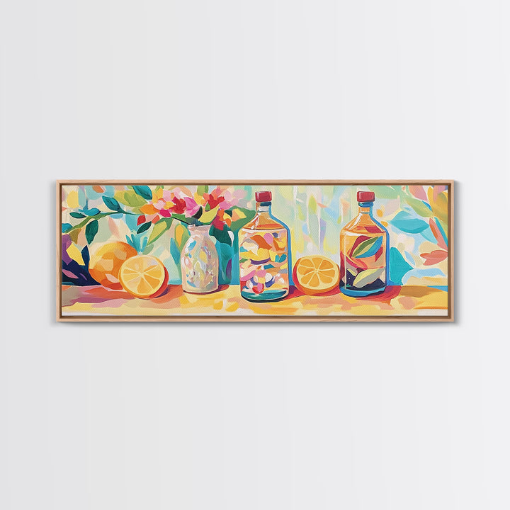 Lemon Bottles And Pink Flowers Framed Canvas Print, Kitchen Wall Art, Colorful Still Life, Modern Dining Room Decor, Housewarming Gift