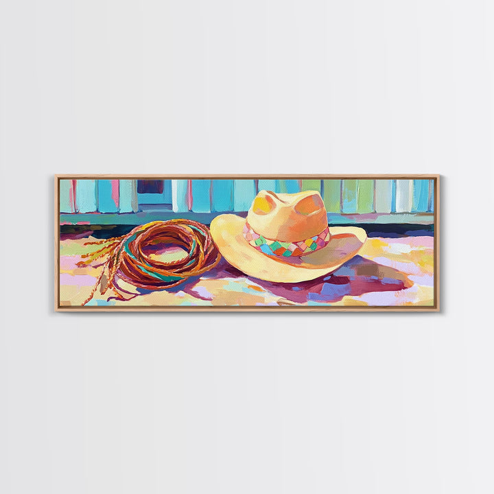 Western Cowboy Hat And Lasso On Sunlit Porch Wall Art, Rustic Western Decor, Farmhouse Canvas Print For Man Cave Home Decor Gift