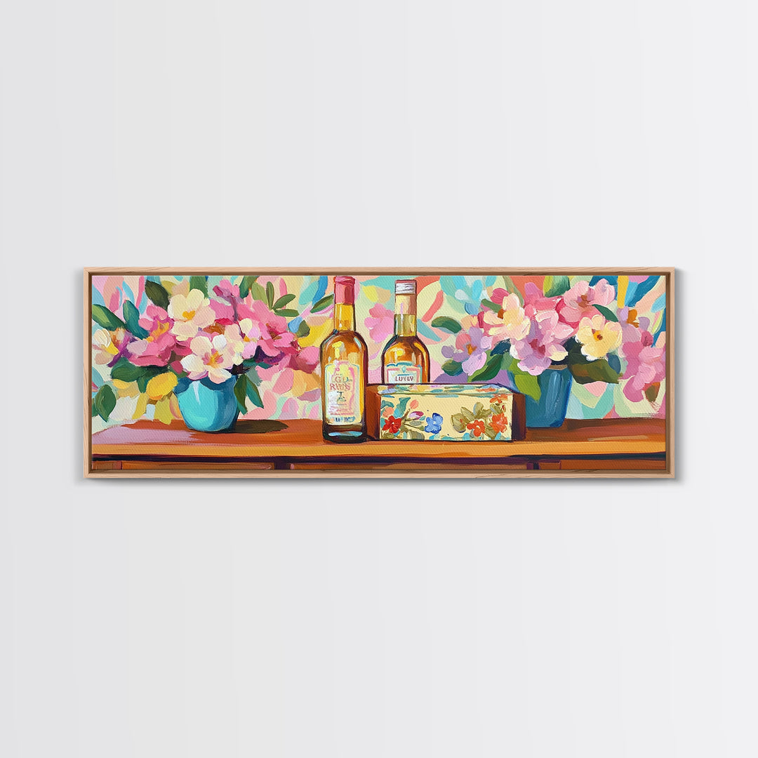 Wine Bottles And Pink Flowers Canvas Print, French Country Kitchen Decor, Winery Wall Art, Dining Room Prints, Gift For Her