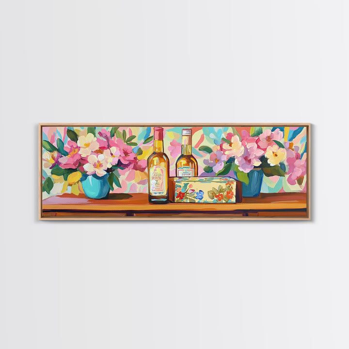 Wine Bottles And Pink Flowers Canvas Print, French Country Kitchen Decor, Winery Wall Art, Dining Room Prints, Gift For Her