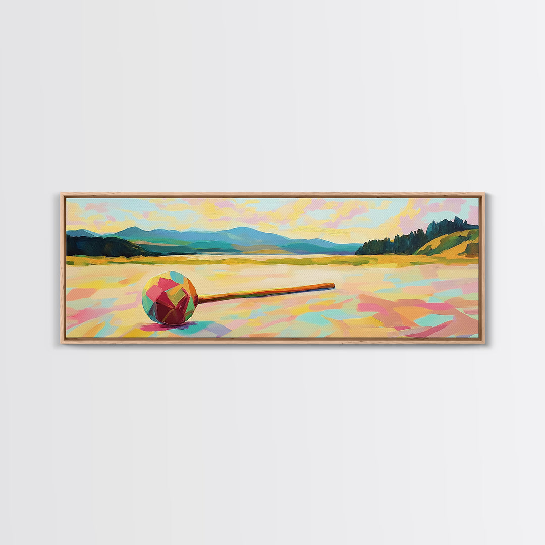Colorful Croquet Ball And Mallet Landscape Canvas Print, Lake House Wall Decor, Summer Game Room Art, Rustic Cabin Gift Idea