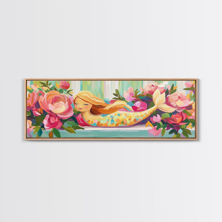 Sleeping Mermaid In Rose Garden Canvas Print, Whimsical Floral Wall Art, Girls Room Decor, Nursery Wall Art, Fantasy Gift